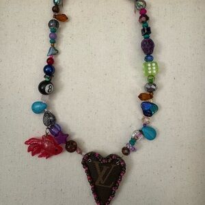 LV up cycled Colorful Beaded Necklace with Heart Pendant